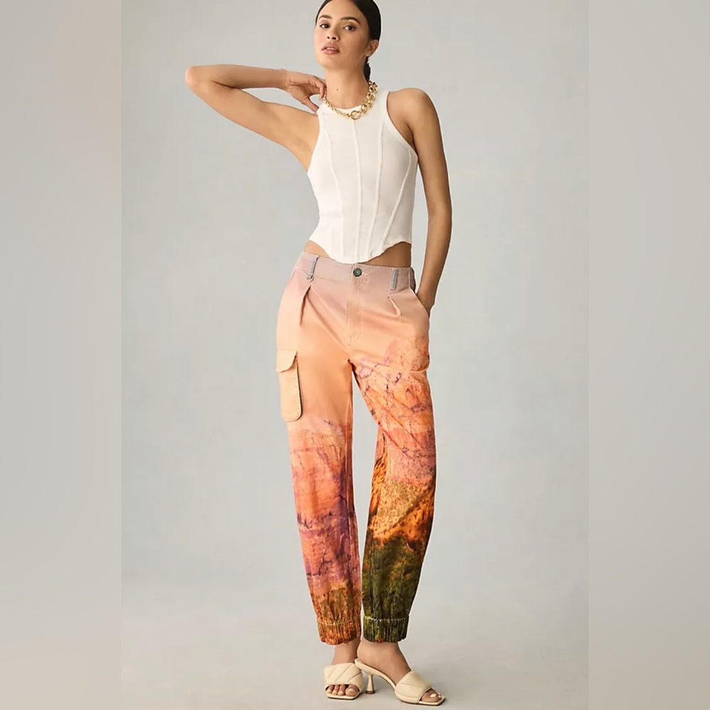 Pilcro Anthropologie Peach and Olive Landscape Cargo Pants 🩷🧡🤎💚
